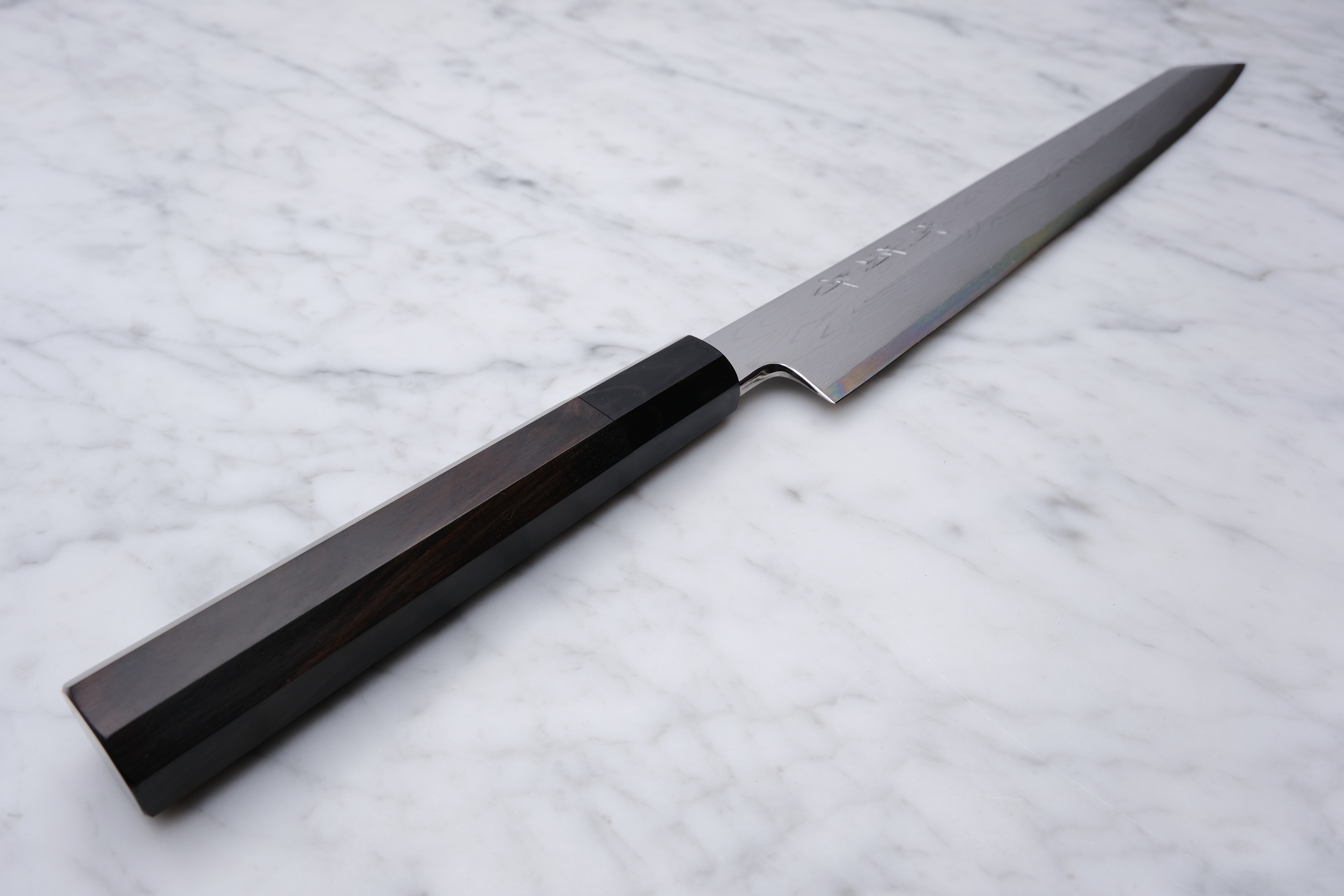 Sakai Kikumori 270mm. Kiritsuke Yanagiba Damast – Weiß #1 – Ebenholz