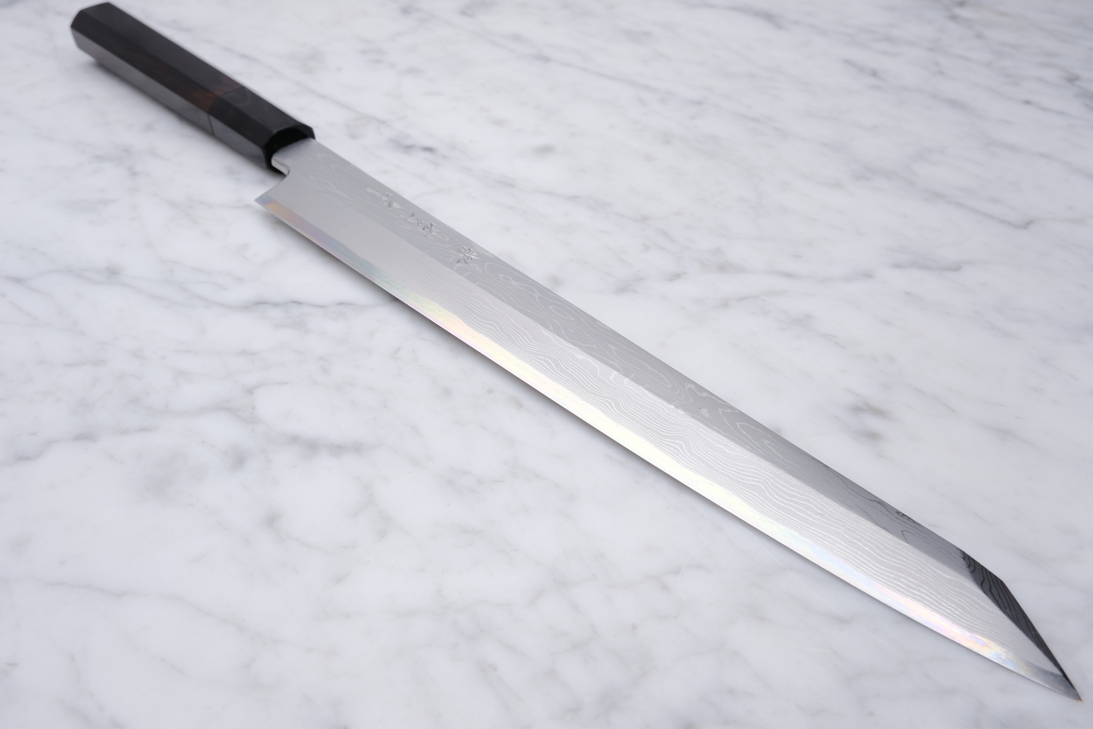 Sakai Kikumori 270mm. Kiritsuke Yanagiba Damast – Weiß #1 – Ebenholz