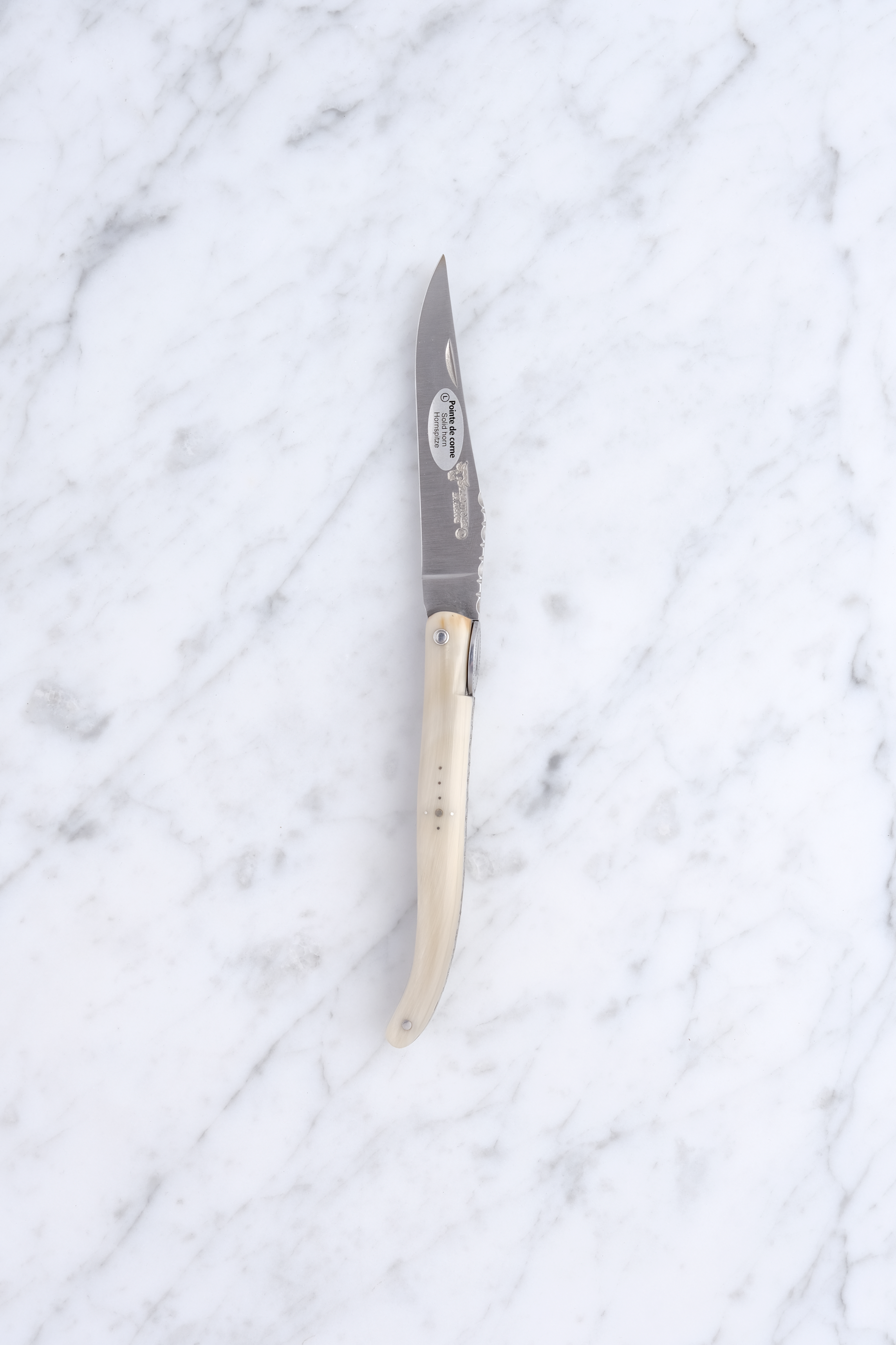 Laguiole Foldekniv 12cm. - Stål fra Eiffeltårnet / Hvid bøffelhorn