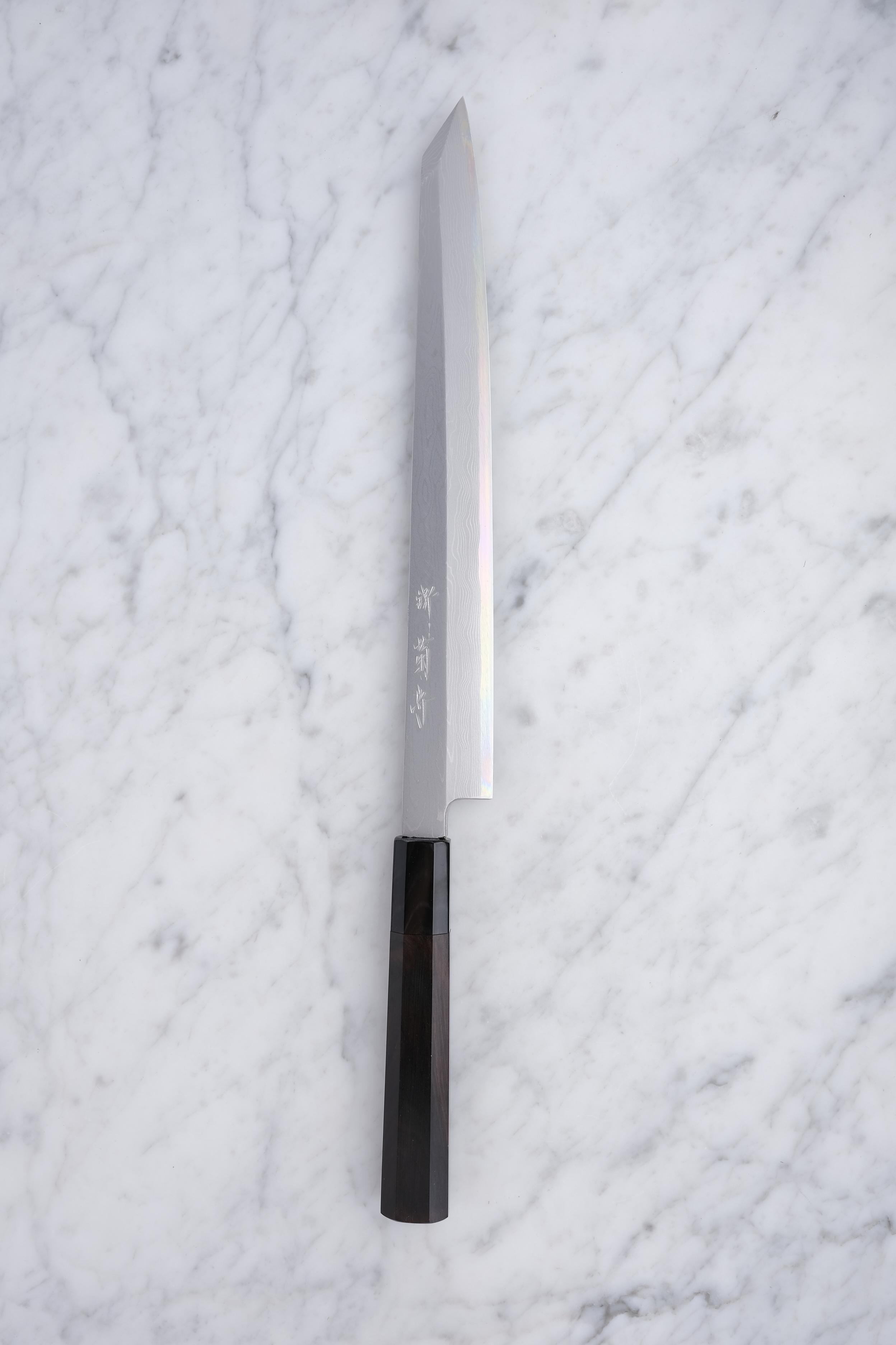 Sakai Kikumori 270mm. Kiritsuke Yanagiba Damast – Weiß #1 – Ebenholz