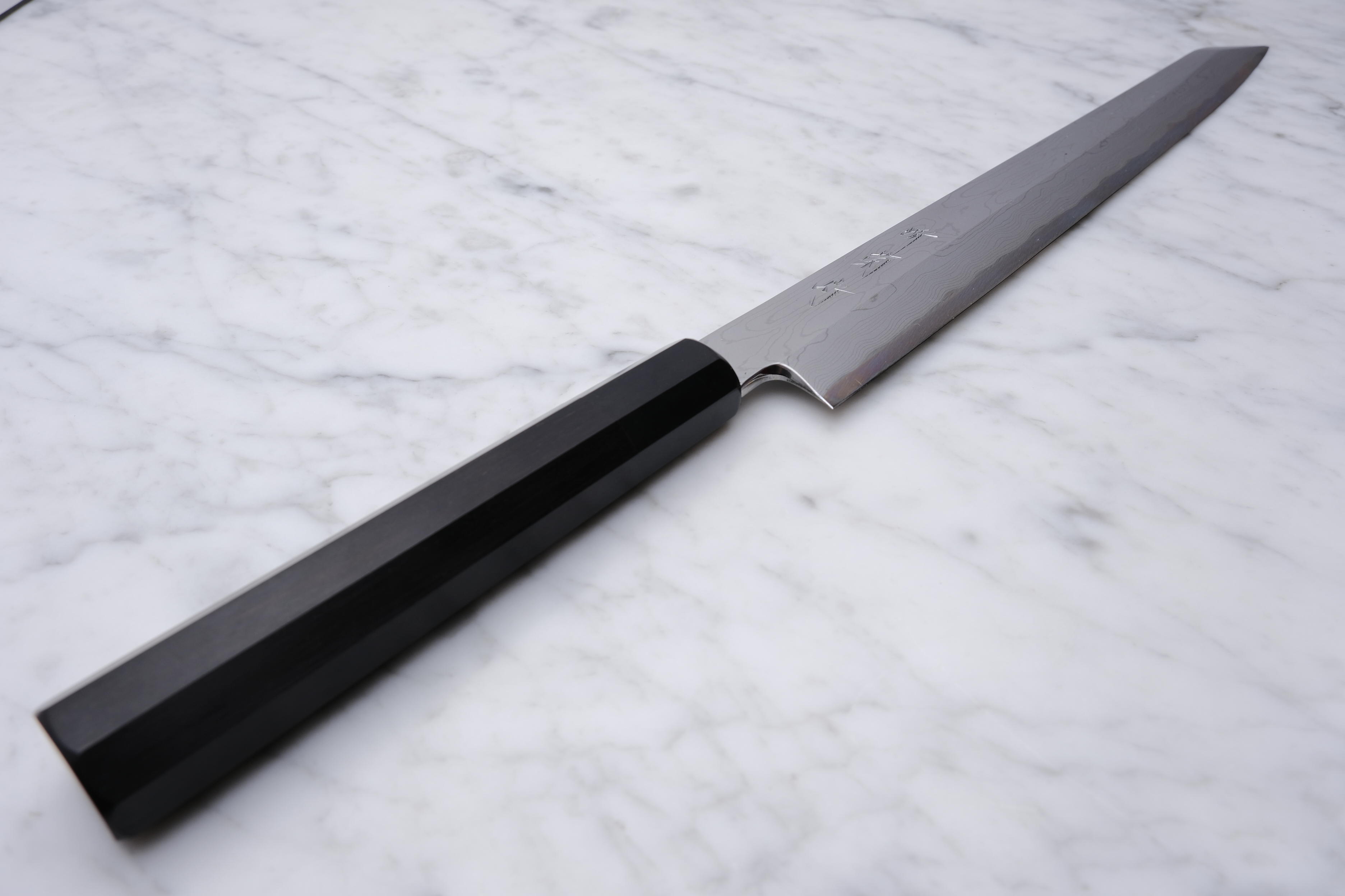Sakai Kikumori 300mm. Kiritsuke Yanagiba Damascus - White #1 - Ebony