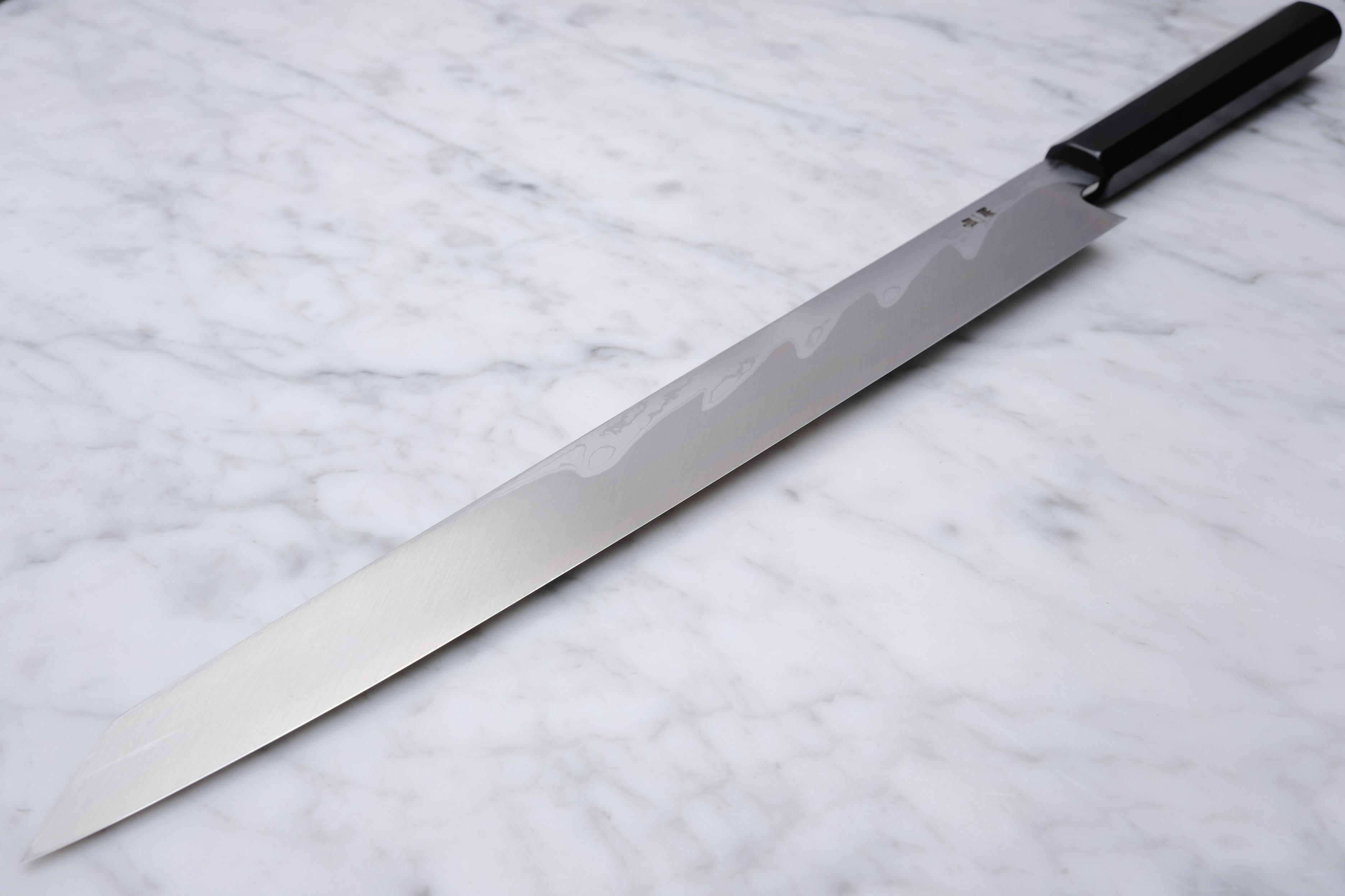 Sakai Kikumori 300mm. Kiritsuke Yanagiba Damascus - White #1 - Ebony