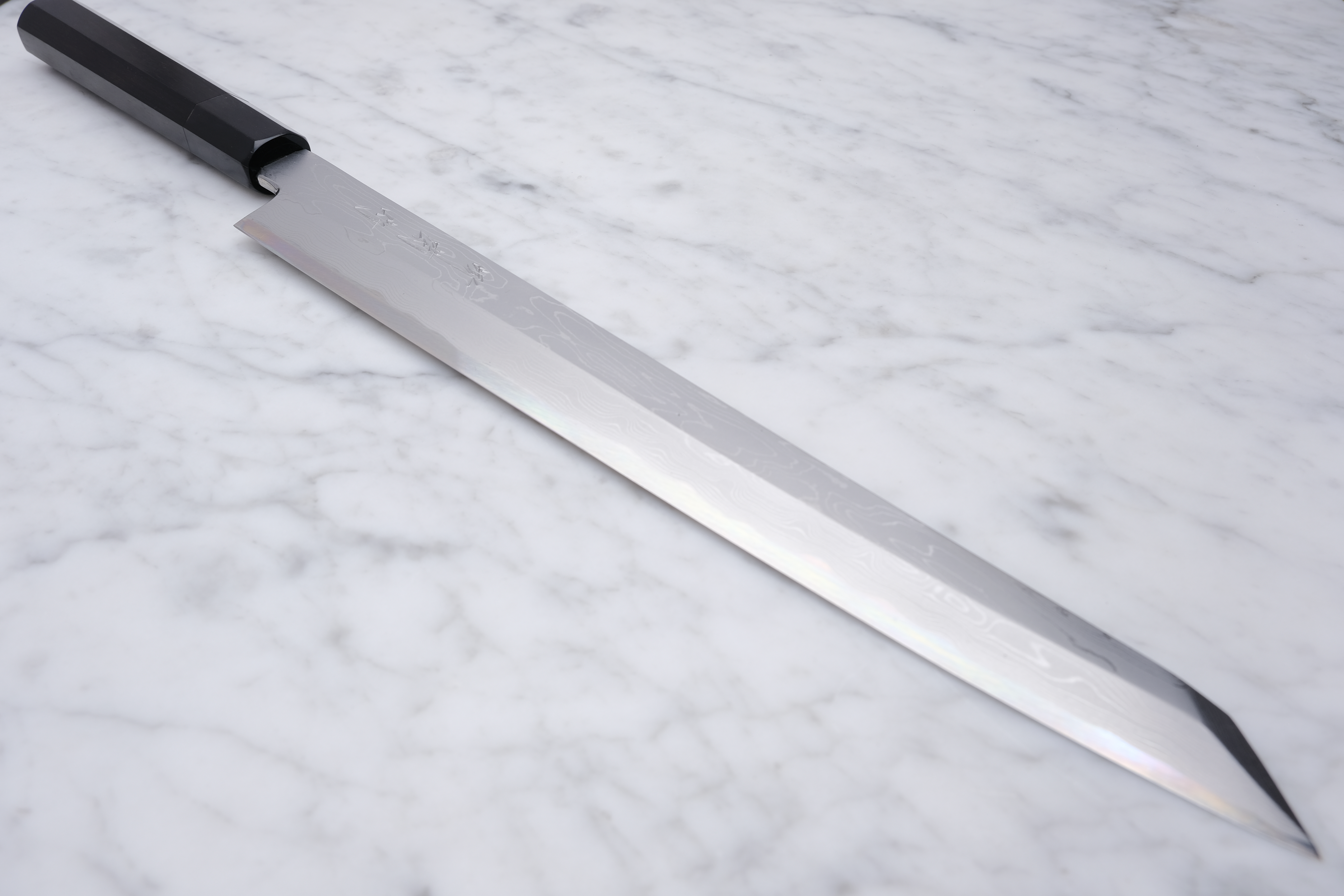 Sakai Kikumori 300mm. Kiritsuke Yanagiba Damascus - White #1 - Ebony